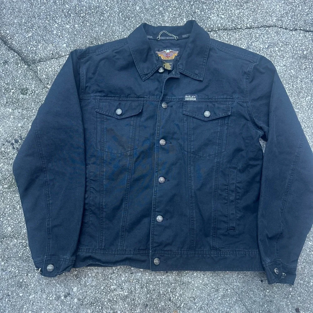 Vtg Harley-Davidson Mens Black Cotton Canvas Trucker Jacket Embroidered Logo M